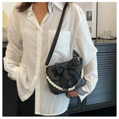 Black Ladies Shoulder Bag Korean Bow-Knot Fashion Top-Handle Bag Women Canvas Large Armpit Bag 2024 Designer New Handbags