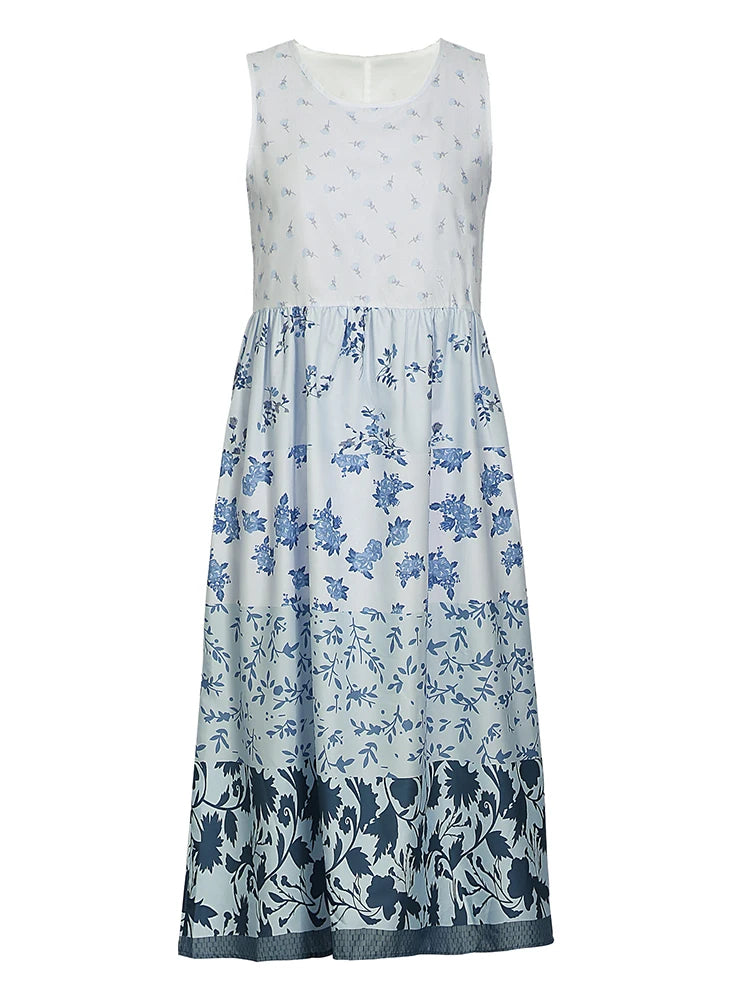 Plus Size Casual Women's Midi Dress 2025 Summer New Floral Printed Sleeveless Flat Neck A-Line Bohemian Beach Dresses