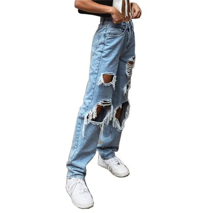 Women High Quality Washed Ripped Straight Leg Jeans, Spring New Street Personality Fashion Comfortable High Waist Wide Leg Pants