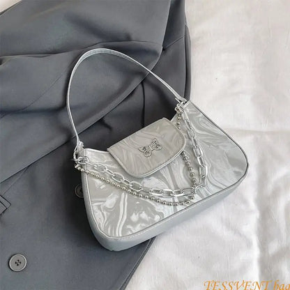 Fashionable Handbag Retro PU Leather Shoulder Bag with Butterfly Designs for Women Korean Solid Color Underarm Purse F42A