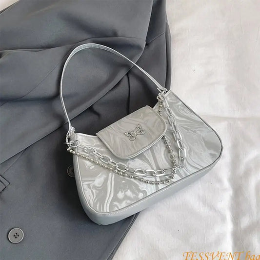 Fashionable Handbag Retro PU Leather Shoulder Bag with Butterfly Designs for Women Korean Solid Color Underarm Purse F42A