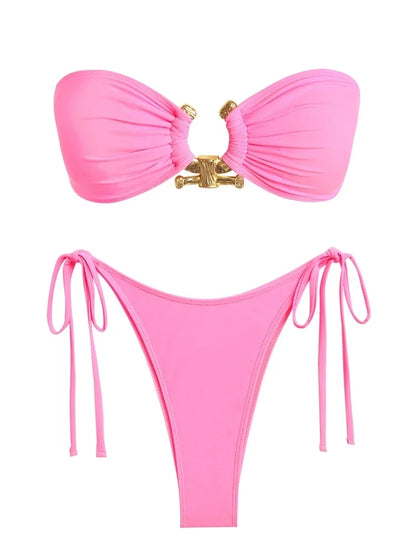 Solid O Ring  New Swimsuit For Women Tie Side Shiny Metal Hardware Ring Bandeau Bikini Swimwear Padded Bra Top Low Waisted