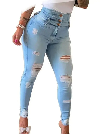 Autumn New Broken Holes High Waist Jeans Women Fashion Casual Denim Trousers Female Button Splicing Slim Fit Skinny Pencil Pants