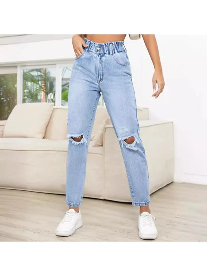Japan and South Korea Casual Washed Ripped Jeans for Women Spring and Summer New Fashion Straight Nine Minutes of Pants Women