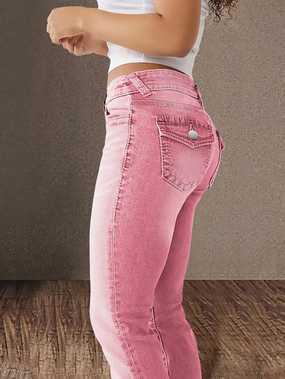 Women's stretch jeans pink wash, low-rise slim fit denim with hip lift effect, double-breasted placket, stylish and sexy jeans.