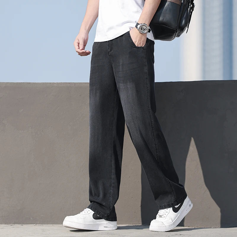 Spring & Summer Essential! Men's Tencel Jeans, Thin Ice - Silk Fabric, High - Street Loose Straight Cut, Drapey, Elastic Waist w