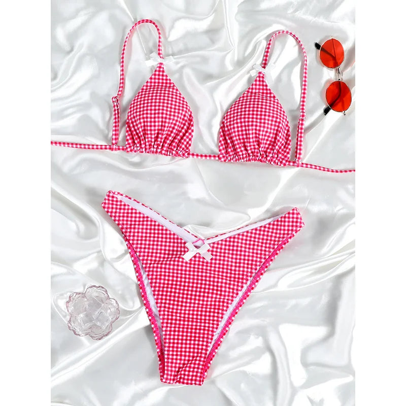 Push Up Bikini Set Bow Swimwear Women Plaid Bikinis String Beachwear Two Piece Suit Biquini Bandage Bathing Suit