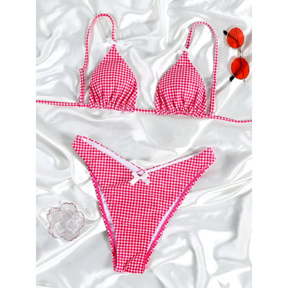 Push Up Bikini Set Bow Swimwear Women Plaid Bikinis String Beachwear Two Piece Suit Biquini Bandage Bathing Suit