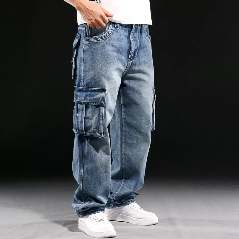 Wide Leg Pant Distressed Cargo Jean Men Jeans Washed Denim Patchwork Solid Full Length Pants Loose Pockets High Street 2025