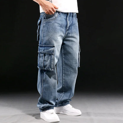 Wide Leg Pant Distressed Cargo Jean Men Jeans Washed Denim Patchwork Solid Full Length Pants Loose Pockets High Street 2025
