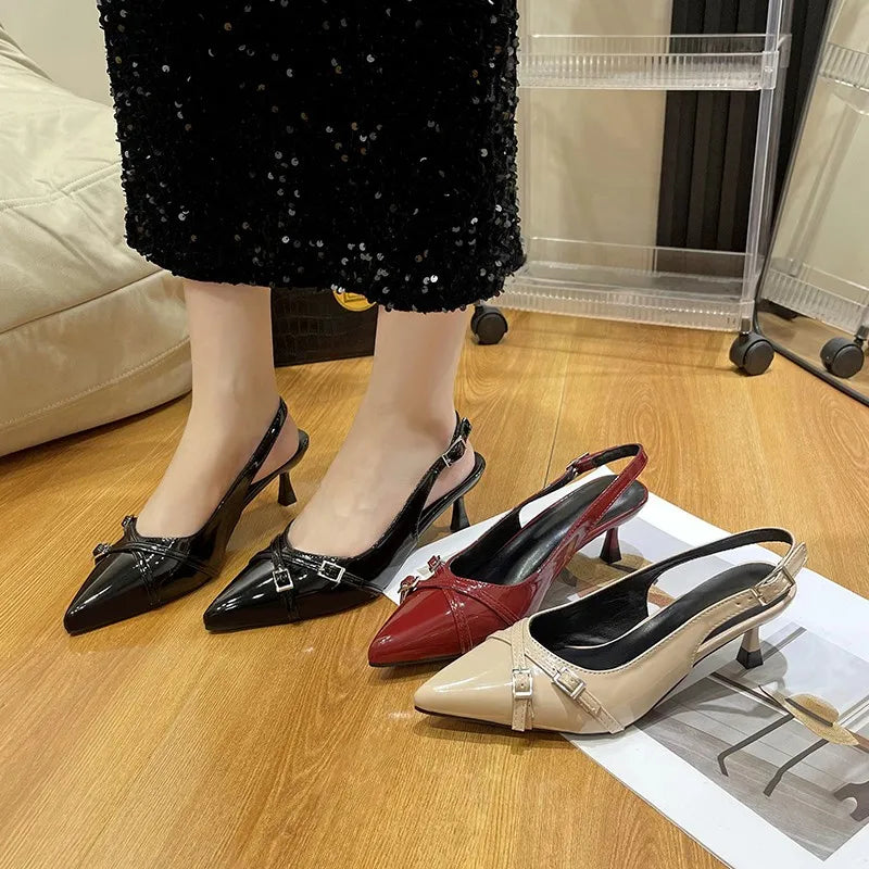 New Summer French Wine Red Pointed Patent Leather Mid-heel Overhead Sandals for Women Retro Skinny Heel Back Empty Shoes