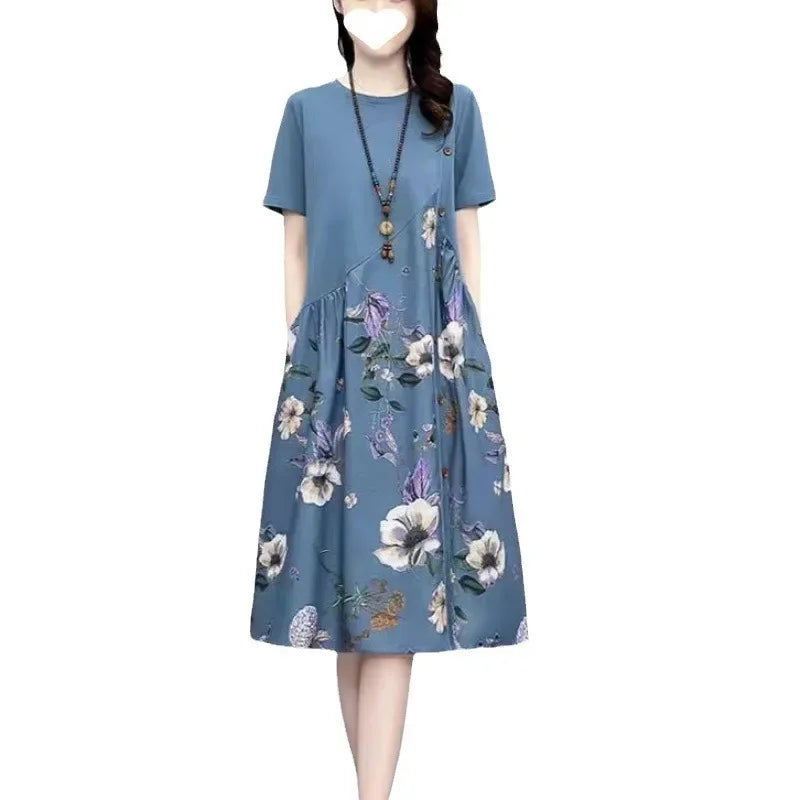 Loose Casual Women's Dress Summer New Style Retro Print plus Size Conceal Meat Slimming A- Line Skirt Fashionable Chinese Brand