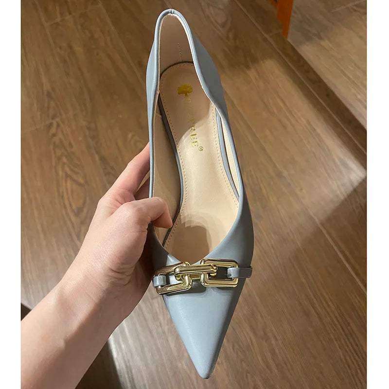 Women 7cm High Heels Pumps Lady Scarpins Fetish Nightclub Blue Nude Low Heels Wedding Party Metal Chain Buckle Fetish Prom Shoes