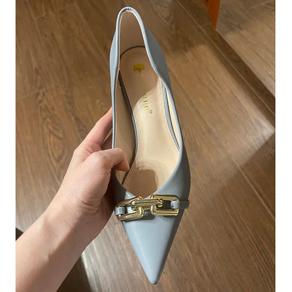 Women 7cm High Heels Pumps Lady Scarpins Fetish Nightclub Blue Nude Low Heels Wedding Party Metal Chain Buckle Fetish Prom Shoes