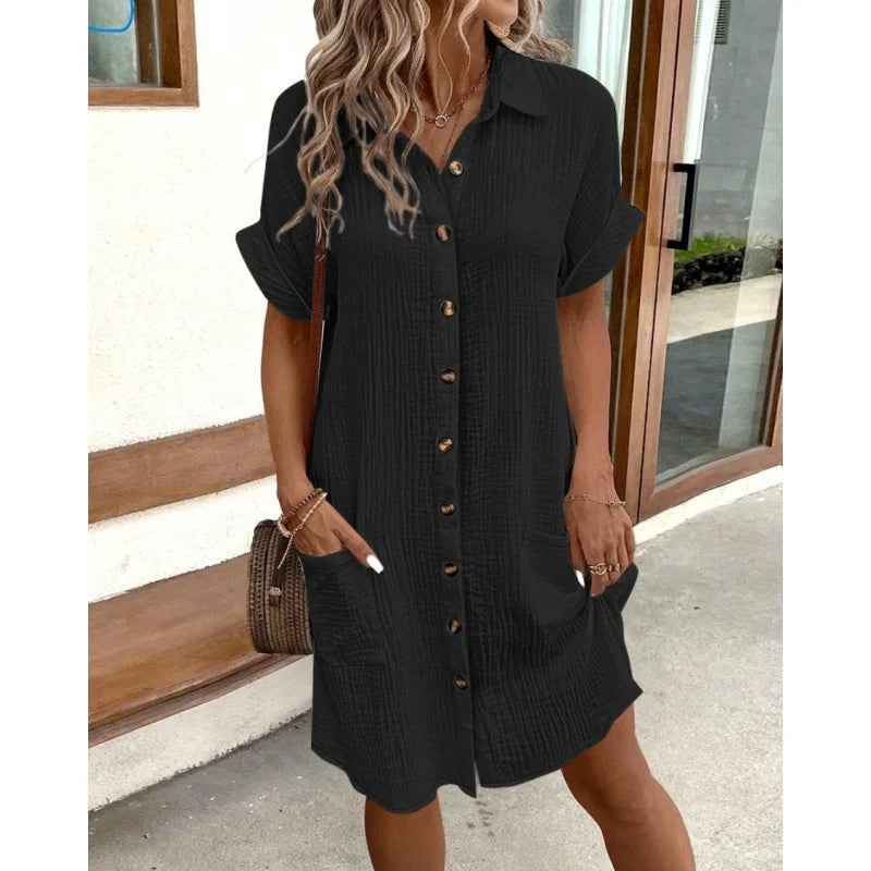 Summer Simple V-neck Button Up Dress Woman Cotton Linen White Short Sleeved Pocket Casual Solid Loose Shirt Mini Dress 2025