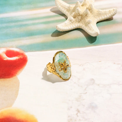Zora Women's Boho Style Oil Drop Crushed Shell Ring 18K Gold-plated Stainless Steel Oval Starfish Open Ring waterproof Jewelry
