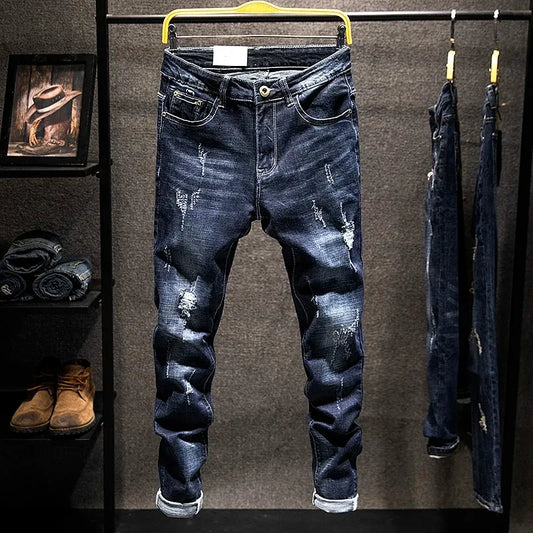 American High Street Men's Jeans Trendy Ripped Worn-out Hole Punch Elastic Straight Cut Slim Fit Streetwear Pant for All Seasons