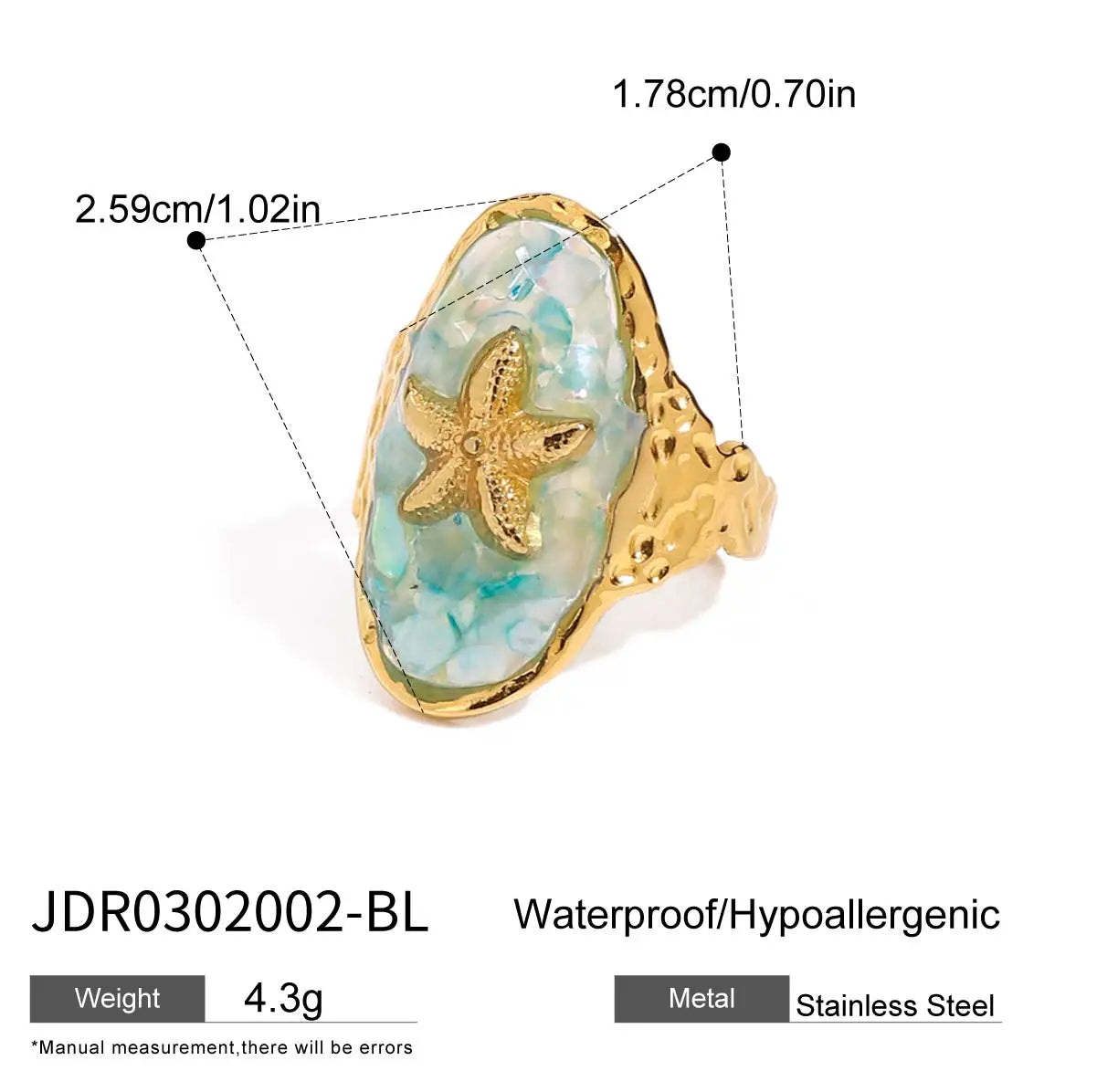Zora Women's Boho Style Oil Drop Crushed Shell Ring 18K Gold-plated Stainless Steel Oval Starfish Open Ring waterproof Jewelry