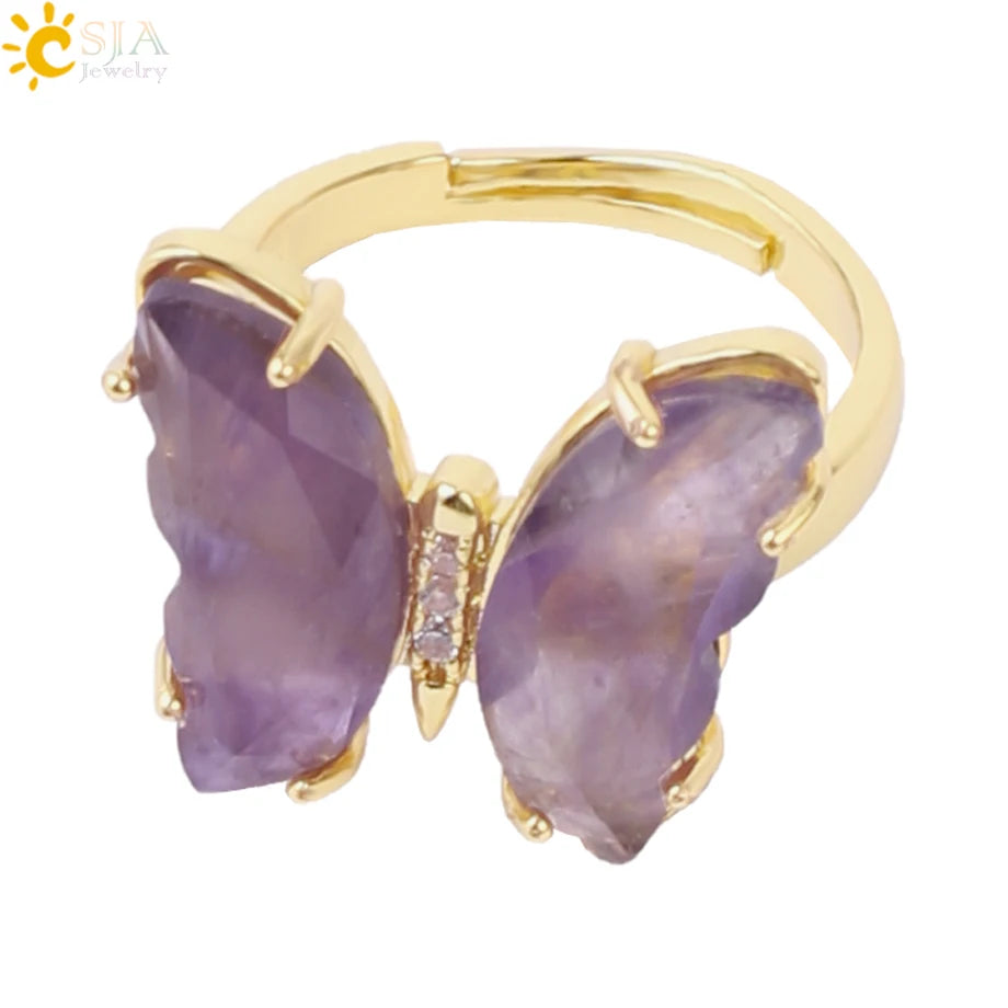 Gold Color Crystal Ring Natural Gemstone Butterfly Rings for Women Amethysts Lapis Lazui Pink Quartz Adjustable Engagement  H125
