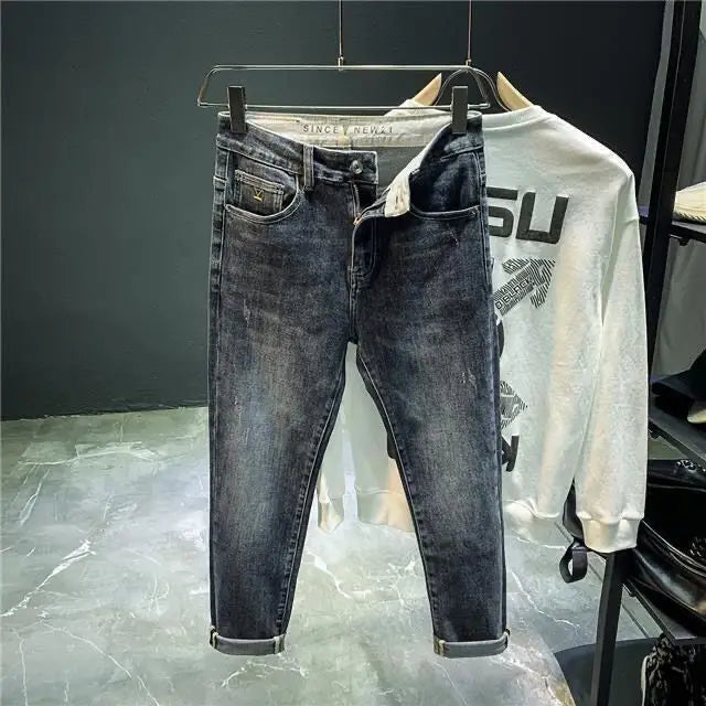 Harajuku Fashion Slim Fit Stretch Denim Jeans for Men Spring and Autumn Casual Blue Gray Water Wash Long Pants Luxury Slim Jeans