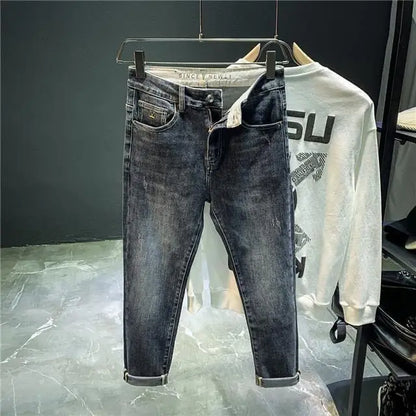 Harajuku Fashion Slim Fit Stretch Denim Jeans for Men Spring and Autumn Casual Blue Gray Water Wash Long Pants Luxury Slim Jeans