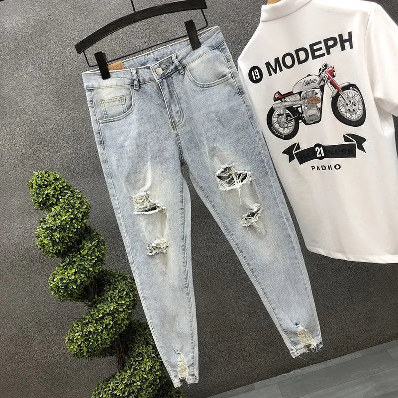 2024 New Summer Fashion Casual Slim Washed Cowboy Luxury Denim Jeans Men Solid Designer Clothes Ripped Knee Length Hem Trousers