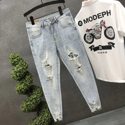 2024 New Summer Fashion Casual Slim Washed Cowboy Luxury Denim Jeans Men Solid Designer Clothes Ripped Knee Length Hem Trousers