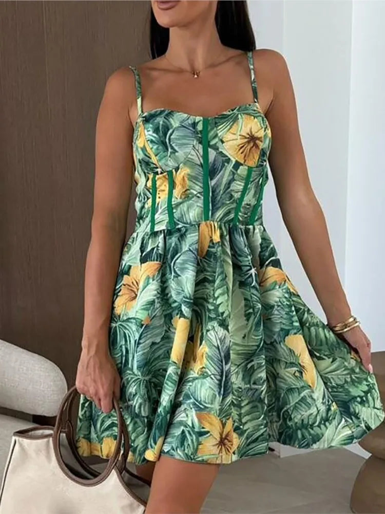 Summer Print Mini Dress Lady Fashion Sexy Sleeveless Spaghetti Strap Loose Dresses For Women Casual Boho Holiday Beach Skirt New