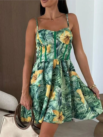 Summer Print Mini Dress Lady Fashion Sexy Sleeveless Spaghetti Strap Loose Dresses For Women Casual Boho Holiday Beach Skirt New