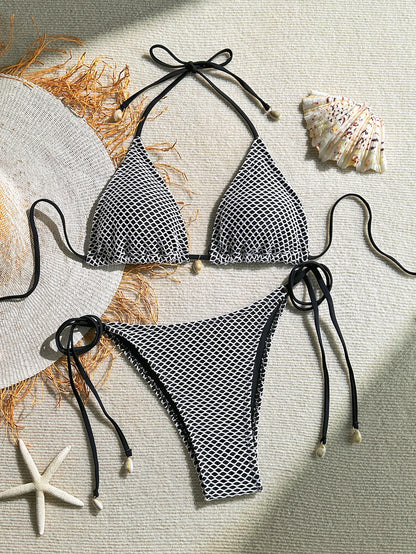 Grid Bikini Set for Women Solid Color 2 Piece Swimsuit Sexy Halter Lace-up Backless Thong Beach Vacation Swimwear 2025 New