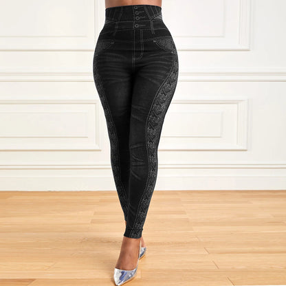 M XXL Faux Denim Leggings Women Clothing Summer High Waist Jeans Oversized Basics Pants Female Casual Slim Trousers