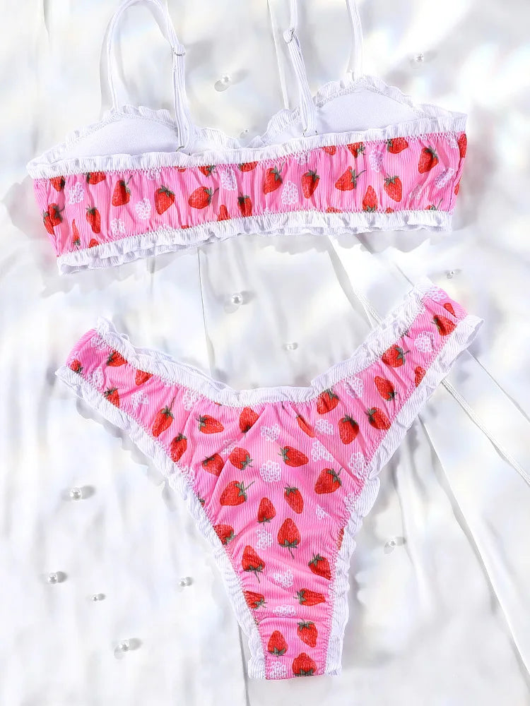 Miyouj Strawberry Bikini 2025 Swimsuits Ruffle Two Piece Suit Print Bathwear Low Waist Swimsuit Women Swimwear High Cut Bathsuit