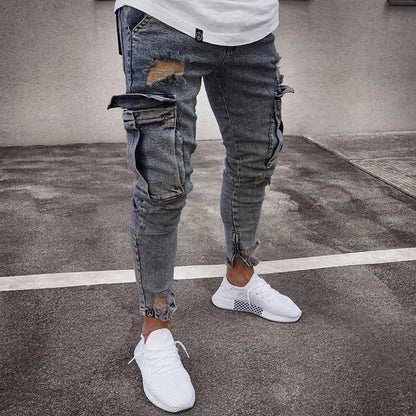 Men Jeans Washed Pencil Pants Mid Waist Denims Vintage Pockets Button Zipper Fly 2025 Casual Basics Ankle Length Trousers Man