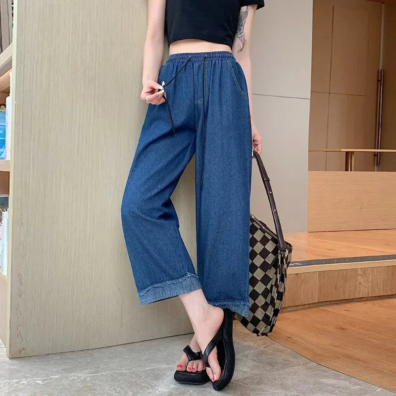 High Waist Straight Leg Casual Denim Pants Loose Wide Leg Crop Jeans Plus Size Comfortable Trousers For Women