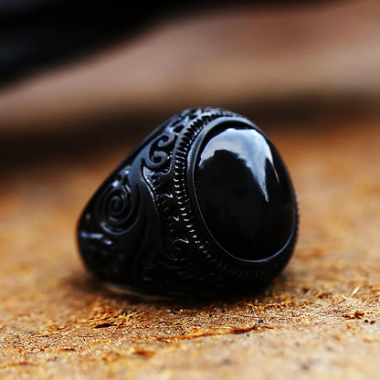 Vintage Stainless Steel Oval Brown Stone Ring For Men Punk Rock Fashion Carved Rings Natural Stone Jewelry Gift Dropshipping