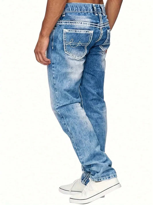 1pc Men's Slim-Fit Snowflake Washed Jeans - Mid-Stretch Denim, Machine Washable, All-Season Comfort, Minimalist Casual Style for