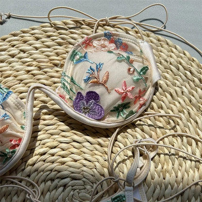 Beige Shiny Flower Embroidery Swimwear Thong Micro Push Up Bikini Set Sexy Swimsuit Women 2025 Bathing Suit String Bikinis Mujer