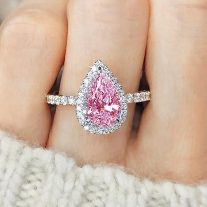 Huitan Pink/Crystal Waterdrop Cubic Zircon Rings for Women Classic Design Eternity Wedding Engagement Rings Silver Color Jewelry