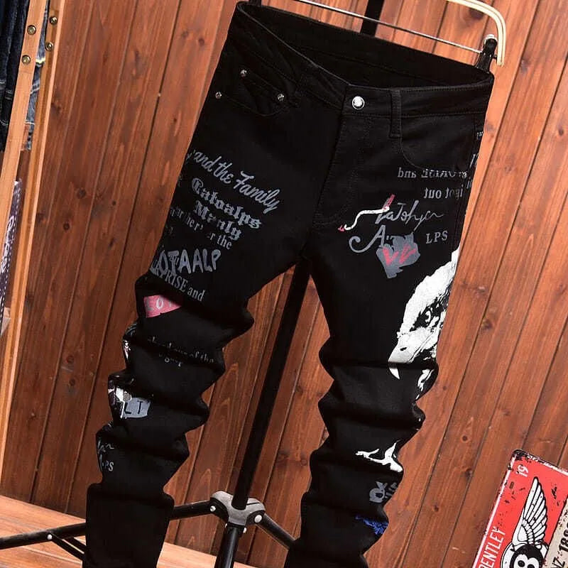 2025 Spring and Autumn New Fashion Trend Printed Black Straight Leg Jeans Men's Casual Comfort Breathable High Quality Pants