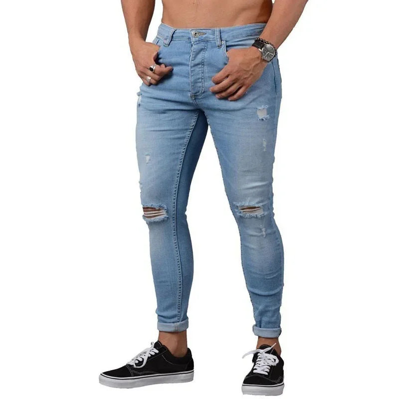 Pencil Pants Men Jeans Ripped Vintage Holes Ankle Length Denim Wash Solid Casual 2025 Pockets Slim Fit Distressed Punk Style