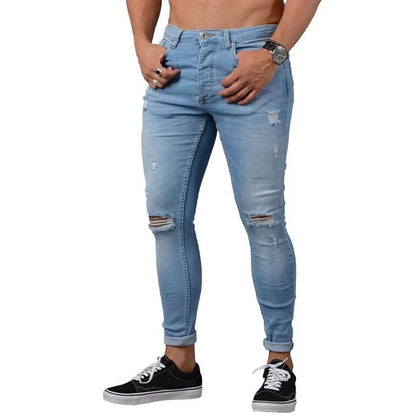 Pencil Pants Men Jeans Ripped Vintage Holes Ankle Length Denim Wash Solid Casual 2025 Pockets Slim Fit Distressed Punk Style