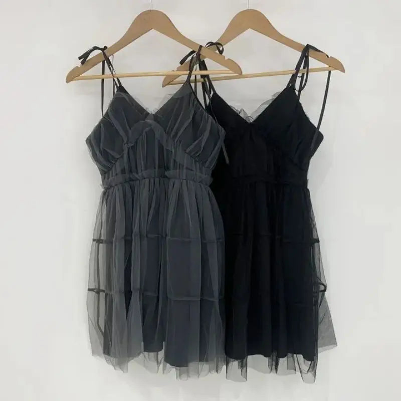 REALEFT Summer Y2k Black Mesh Women's Ball Gown Dresses 2025 New Sleeveless Strapless V-neck Party Sexy Mini Dress for Womens