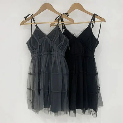 REALEFT Summer Y2k Black Mesh Women's Ball Gown Dresses 2025 New Sleeveless Strapless V-neck Party Sexy Mini Dress for Womens