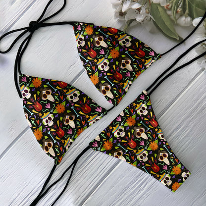 Fashion Bikini Set Women Backless Low Waist Sexy Skull Pattern Printed Swimsuit Beach Surfing Vacation Halloween Cosplay