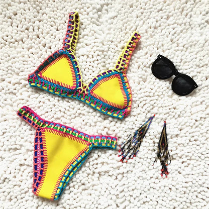 Women Handmade Crochet Knit Swimwear Halter Patchwork Bathing Suit Swimsuit Biquini Thong Bikini traje de bano