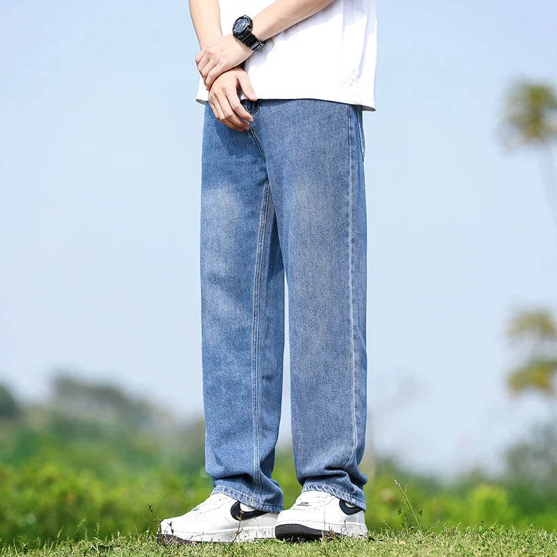 Men's Straight-Leg Jeans, Minimalist for All Seasons, Loose with Drape, Narrow-Wide Leg, Retro Casual Long Pants, Sizes 28-38