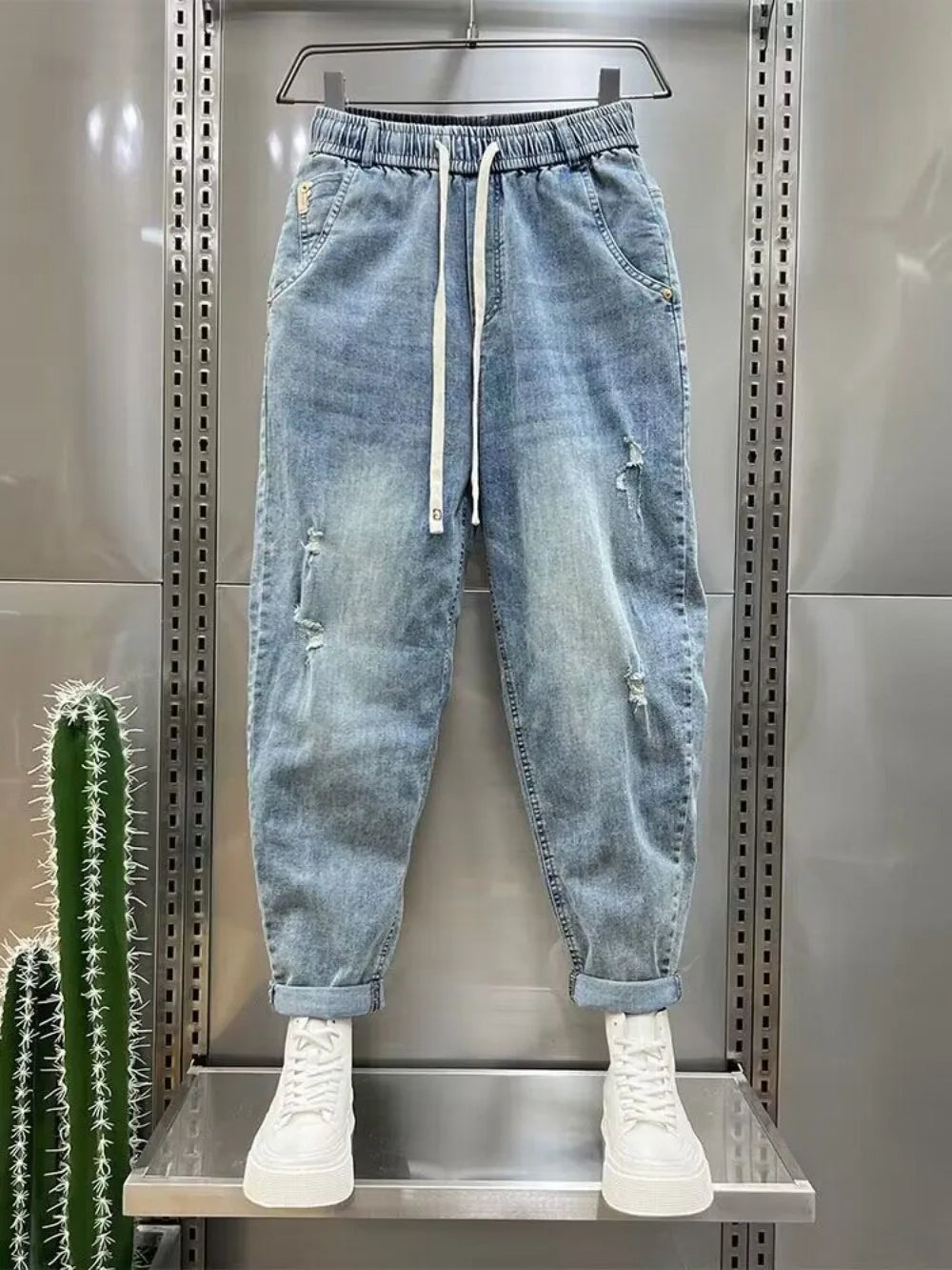 New Loose and Casual Denim Jeans for Men Spring and Autumn Harem Distressed Stretch Baggy Cargo Blue Jeans Jogger Pants
