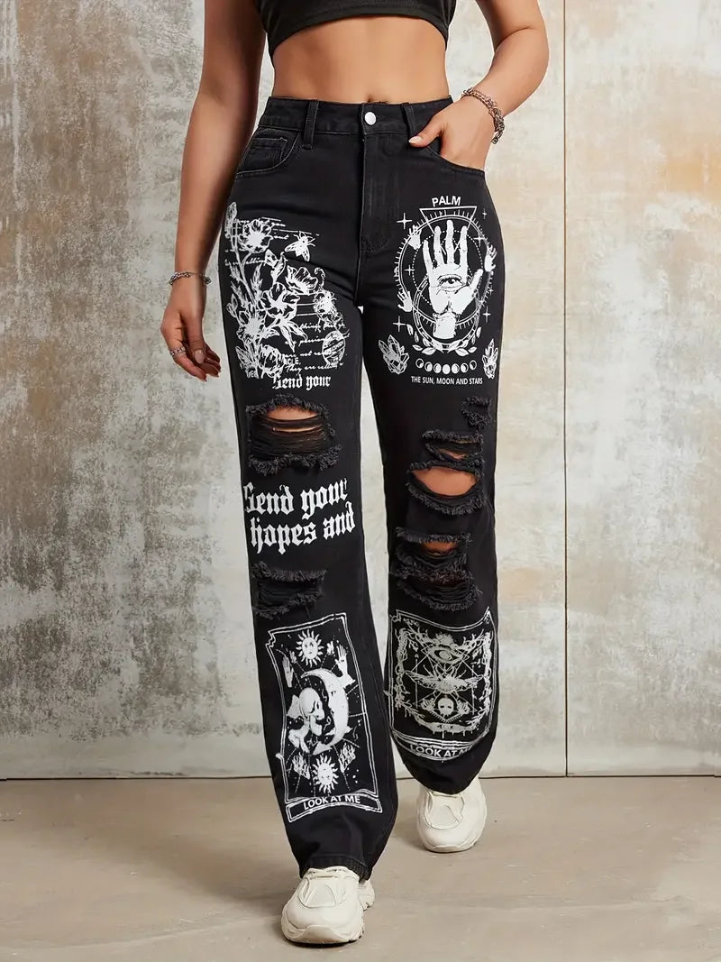 2025 New Style Women's Jeans Women's Spring And Autumn New Hot Selling Street INS Same Style Print Ripped Straight Jeans
