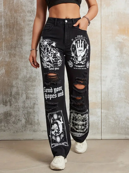 2025 New Style Women's Jeans Women's Spring And Autumn New Hot Selling Street INS Same Style Print Ripped Straight Jeans