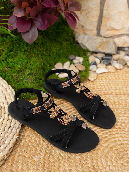Women's fashionable round toe flat sandals with one foot, bohemian style casual versatile flat shoes